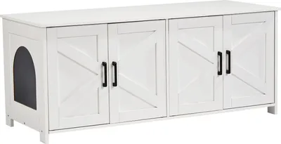 A white wooden cabinet designed to conceal a cat litter box, featuring four doors and an arched opening on the left side.