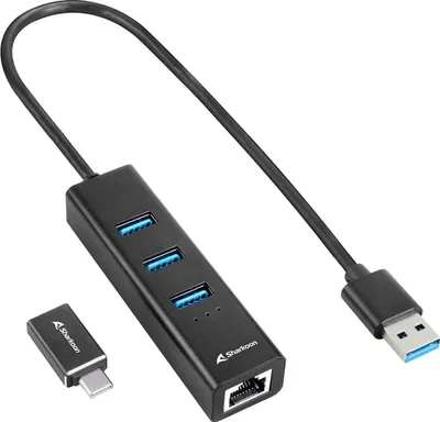 Produktbild von 3-Port USB 3.2 Gen 1 Alu Hub + Ethernet (schwarz)