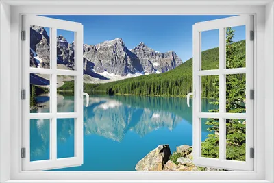 Produktbild von Wallario Wandbild aus Acryl, 60 x 90 cm, freischwebende Optik - Tiefblauer See mit Bergpanorama und Wäldern  Kanada mit Fenster-Illusion