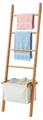 Produktbild von Relaxdays Handtuchleiter, 4 Sprossen, Wäschekorb, HxB: 170 x 50 cm, Walnussholz, Badezimmer, Wäscheleiter, natur/beige