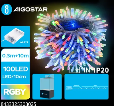 Immagine prodotto di Catena luminosa natalizia a LED - 100 LED - 2700K - Lampade RGB - 10 metri - Grado di protezione IP44 - Alimentazione a batteria: 3 batterie AAA