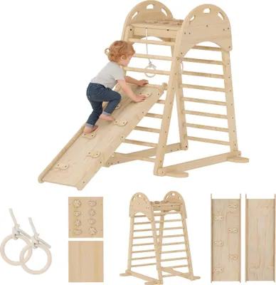 Image de Triangle d'escalade Montessori - Structure d'escalade 6-en-1 - Plateforme et anneaux - Toboggan naturel - Contreplaqué et bois de pin - 180 x 89 x 59 cm - Bois naturel