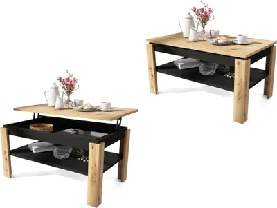 Produktbild von All4All Couchtisch Asti , P , Wohnzimmertisch , Kaffeetisch , Couchtisch mit Stauraum , Sofatisch mit Ablage , höhenverstellbar , 100x60cm , Artisan Eche + Schwarz