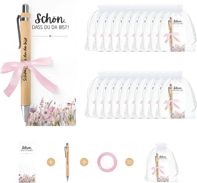 Productafbeelding van Bruiloftsgastcadeau - Set van 20 - Pennen met kaart en organzazakje - Blij dat je er bent Bruiloftsgastcadeau