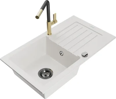 Produktbild von Mexen Pablo 1 Becken-Granitspüle mit Abtropffläche und Mischbatterie Flora, Weiß - 6510-20-670401-57-B