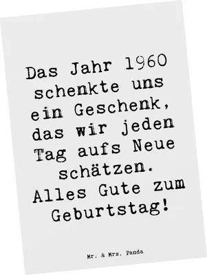 Produktbild von Mr. & Mrs. Panda Postkarte Spruch 1960 Geburtstag - Weiß - Geschenk, Geburtsjahr, Geboren am, Postkarten, Glückwunsch, Grußkarte, Happy Birthday, Fotokarte, einzigartig