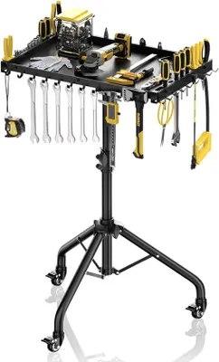Productafbeelding van Verstelbare werkbank met inklapbare wielen, geschikt voor gebruik in de garage, voor fietsreparaties en klusjes, met een stabiel en flexibel werkblad.