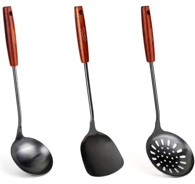 Obrázek produktu pro Sada kuchyňských pomůcek: wok, naběračka, pánev, obracečka, nerezová ocel, černá barva, 3 kusy, rozměry 36,2–38,1 cm, vhodné do myčky