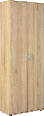 A tall, two-door cabinet with a wood-grain finish.