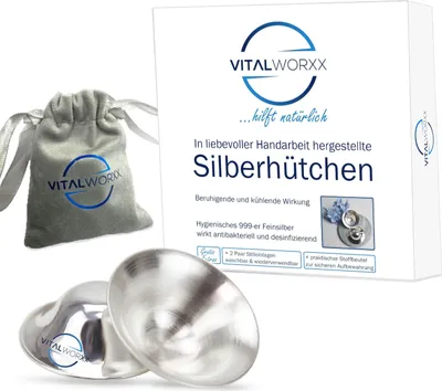 Produktbild von Silberhütchen (2 St.) - schnelle Hilfe bei empfindlichen Brustwarzen + sinnvolles Zubehör: 2 Paar Stilleinlagen und 1 Aufbewahrungsbeutel