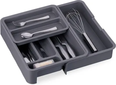 Produktbild von Besteckschublade, ausziehbar - 6,5 x 23,5-40 x 31,5 cm - 7 Fächer - Küche - Besteckablage aus Kunststoff - Grau