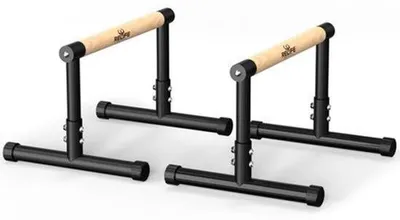 Zdjęcie produktu dla Stacja do ćwiczeń Dipstation, regulowana wysokość 36 cm, stal nierdzewna, czarne drewniane uchwyty, sprzęt do ćwiczeń kalistenicznych