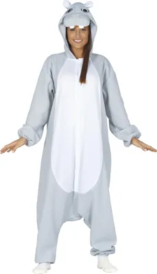 A woman wearing a grey hippopotamus onesie costume.