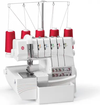 A white Singer Overlock Professional 5 sewing machine with red thread spools is shown against a white background.