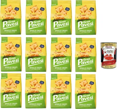 Produktbild von Gran Pavesi Knuspriger Blätterteig-Snack mit Pfeffer- und Limettengeschmack, gebacken, 12 x 150 g+ Italian Gourmet Polpa di Pomodoro 400g