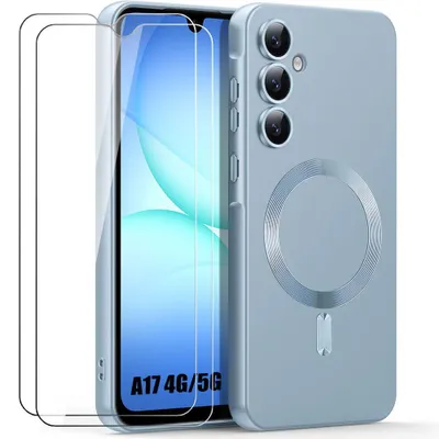 Image de Coque + 2 Verres Trempés pour Samsung Galaxy A17 5G/4G, Silicone Slim Anti-Rayures avec Cercle Magnétique Bleu