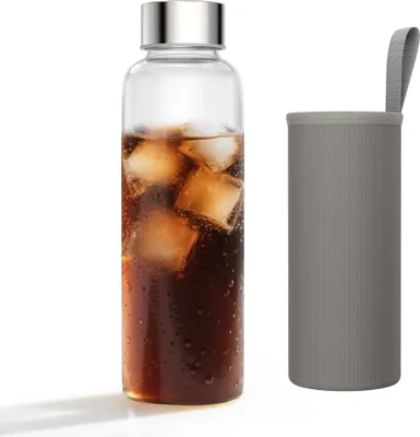 Produktbild von UISEBRT 550ml Trinkflasche aus Glas mit Holzdeckel & grauem Stoffbezug – auslaufsicher, wiederverwendbar, ideal für Büro, Schule oder Alltag