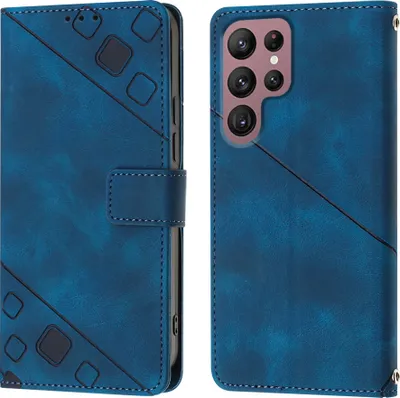 Produktbild von Hülle für Samsung Galaxy S22 Ultra 5G Prägung Flip Leder Brieftasche Schutzhülle mit Ständer Blau