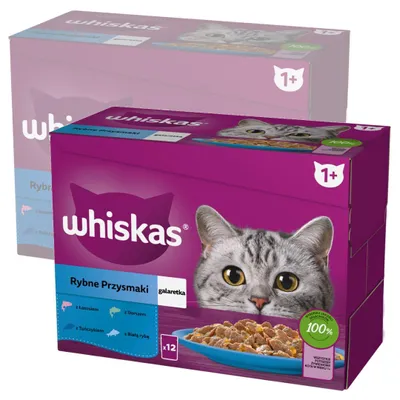 Produktbild von Whiskas Adult 24x85g Fischleckerli Nassfutter für ausgewachsene Katzen, 4 Geschmacksrichtungen in Gelee