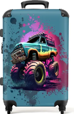 Produktbild von NoBoringSuitcases.com Kinder Koffer Mittelgroß 67x43x25 cm, 72L, Kinderdrucke für Jungen: Blau - Monstertruck, Reisekoffer mit 4 Rollen