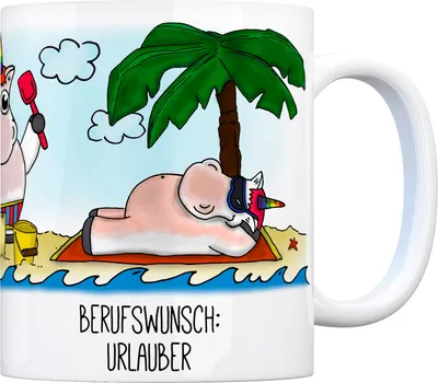 Produktbild von Honeycorns Kaffeebecher mit Einhorn Motiv und Spruch: Berufswunsch: Urlauber