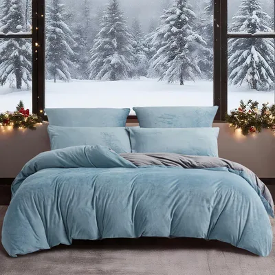 Produktbild von Winter Bettwäsche 200x220 cm Hellblau Grau 3-teilig Plüsch-Mikrofaser mit Reißverschluss