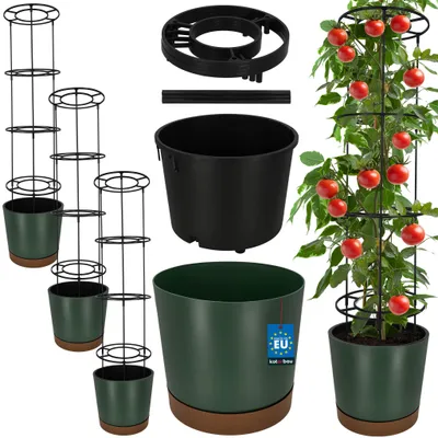 Image de KOTARBAU® - Lot de 3 pots de culture pour tomates, diamètre 39 cm. Pots de fleurs avec support de croissance pour plantes grimpantes. Tour de tomates, 141 cm. Robuste et durable, en plastique, de couleur verte