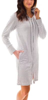 Produktbild von Aquarti Damen Bademantel Morgenmantel mit Reißverschluss Streifen Kurz Baumwolle, Farbe: Streifenmuster Weiß, Größe: XL