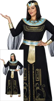 Productafbeelding van Egyptische koningin carnavalspak met gouden details. Kostuum van een farao. Historische verkleeding. Inclusief kraag, hoofdsieraad en accessoires. Mystieke heerseres. Cleopatra. Maat: 44 - 46 (XL). Kleur: zwart