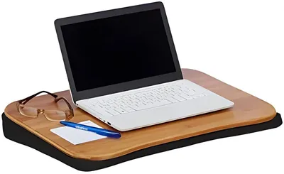 Produktbild von PolkaHome® Bambus-Laptopkissen mit Griff, Schoßtisch für Laptops bis 22 Zoll, ergonomischer Notebookständer, 51x37x7 cm, braun/schwarz
