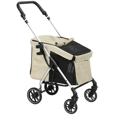 Zdjęcie produktu dla Fortuna Lai Lekki wózek dla psów Aluminiowy składany wózek dla psów i kotów o wadze do 10 kg Wózek dla kotów z poduszką Okna z siatki Drzwi Kosz do przechowywania Wózek dla kotów Khaki
