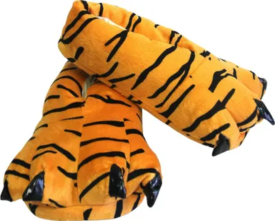 A pair of plush tiger paw slippers.