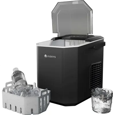 An ice maker with a water bottle and ice cubes in a basket, and a glass of ice cubes.