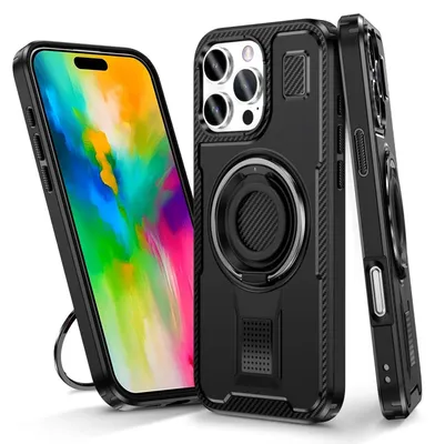 Produktbild von Für Apple iPhone 16 Pro Ringhalter 360 Grad Carbon Design Hybrid Hülle Schwarz