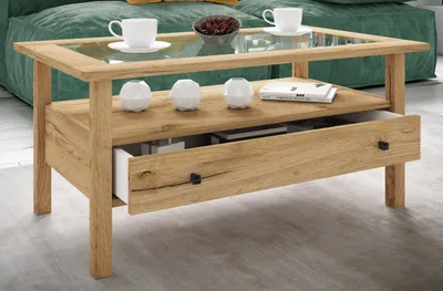 Produktbild von VCM Holz Beistelltisch mit ESG-Sicherheitsglas | Couchtisch schlicht | Maße ca. H. 42 x B. 90 x T. 54 cm | Wohnzimmertisch mit Schublade | Sofatisch - Lingis L