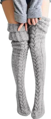 Produktbild von Damen Strümpfe Strick Overknee Socken Dicke Warme Überknie Kniestrümpfe Trachtenstrümpfe Grobstrick Wintersocken Thermosocken Lange Weihnachtssocken Kuschelsocken für Frauen, Hellgrau