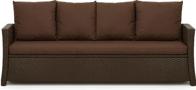 A brown outdoor sofa with cushions, shown from the front against a white background.