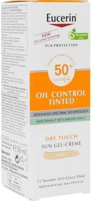 A product box for Eucerin Sun Oil Control tinted Creme Lsf 50+ hell 50 ml.