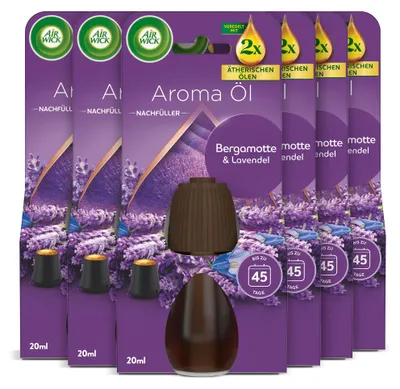 Produktbild von Air Wick Aroma-Öl Flakon Nachfüller – Duft: Bergamotte und Lavendel – Floraler Wohnungsduft mit ätherischen Ölen – 6 x 20ml Duftöl Set