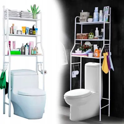 Immagine prodotto di Mensola salvaspazio per bagno, mensola per WC in ferro senza foratura con ganci, per bagni piccoli - BATHFLEX White