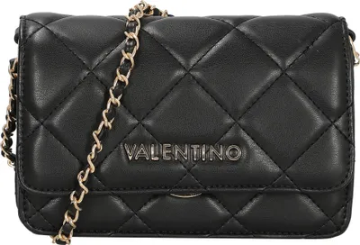 A black quilted shoulder bag with a gold chain strap and the Valentino logo on the front.