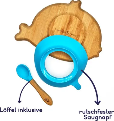 Produktbild von Kleiner Fuchs Bambus-Teller für Kinder inkl. Löffel - mit Saugnapf & Fischmotiv