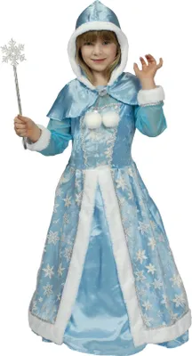 A young girl wearing a snow queen costume, holding a snowflake wand.