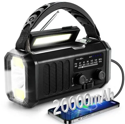 Immagine prodotto di Radio portatile di emergenza Unyqoos® da 20.000 mAh – Ricaricabile tramite energia solare, USB e manovella, con allarme SOS, torcia a 3 livelli con luce da lettura, e bussola integrata, ideale per campeggio e interruzioni di corrente
