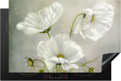 Produktbild von KitchenYeah© Herdabdeckplatte Blumen - Stillleben - Mohn - Weiß - Botanisch , 80x52cm, Küche Deko, Glaskeramikkochfeld Herdabdeckung, Abdeckplatte fùr Kochfeld
