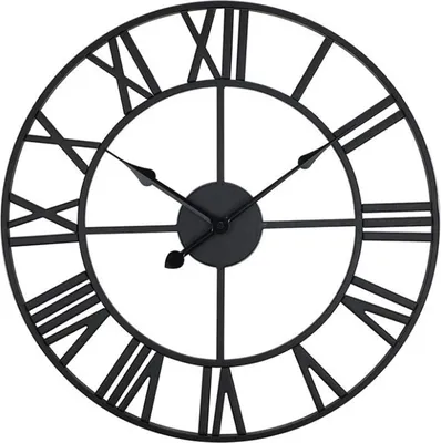 A black metal wall clock with Roman numerals.