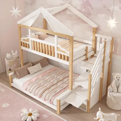 Immagine prodotto di Letto a castello okwish 90/140x200 con ringhiera di sicurezza, scaffali, struttura a forma di casetta con tetto a forma di diamante, scaletta con spazio contenitore, letto per bambini bianco, senza materasso