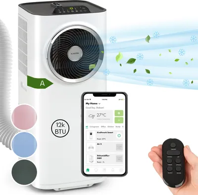 Produktbild von Klarstein Mobile Klimaanlage mit Abluftschlauch, 5-in-1 Klimagerät, Ventilator, Luftentfeuchter, Luftreiniger & Nachtmodus, App-Steuerung, Kleine & Portable Klimaanlage für Wohnung & Büro, 12000 BTU