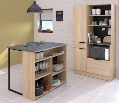 Produktbild von Parisot Küchenschrank Set "Fumay" Eiche und grau Küche Buffet und Kücheninsel