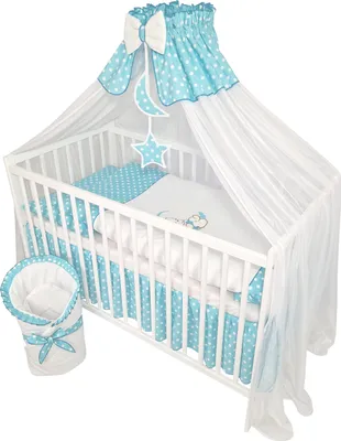 Produktbild von Pościel dziecięca komplet 11 sztuk bez łóżeczka do łóżeczka w rozmiarze 60x120 wykonana w 100% z bawełny z haftem misia na księżycu wraz z moskitierą w kolorze lazurowego błękitu